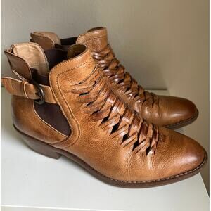 Sofft Brown Leather Ankle Boots Womens 8M Boho Western Rustic Woven Lace Booties